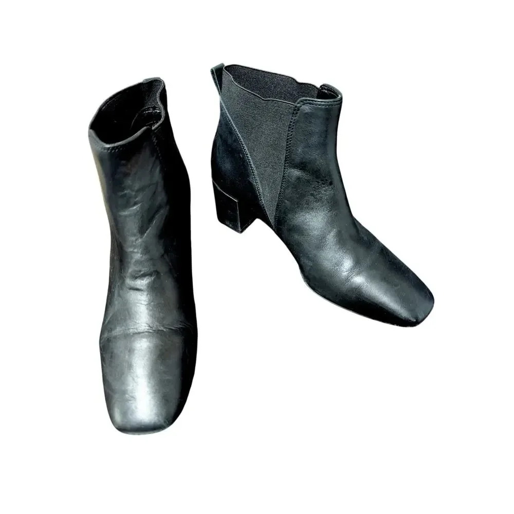 TALBOTS! BLACK GENUINE LEATHER, ELASTIC SIDE INSET, CHUNKY HEEL ANKLE BOOTS! 7M